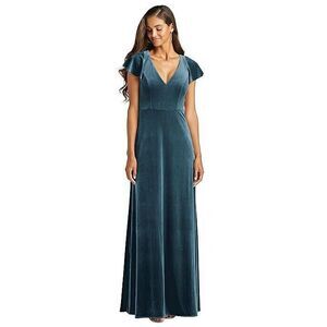 After Six Womens Flutter Sleeve Velvet Maxi Dress With Pockets Dutch Blue 1540 0
